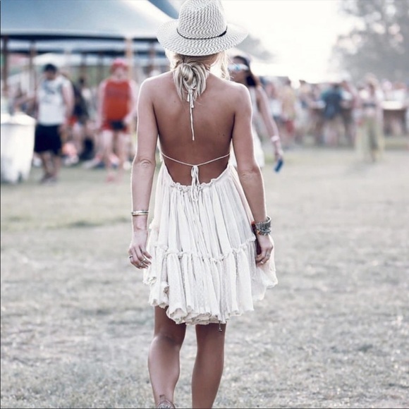 Boho Backless V Halter Swiss Dot Mini Dress cream - Picture 3 of 7